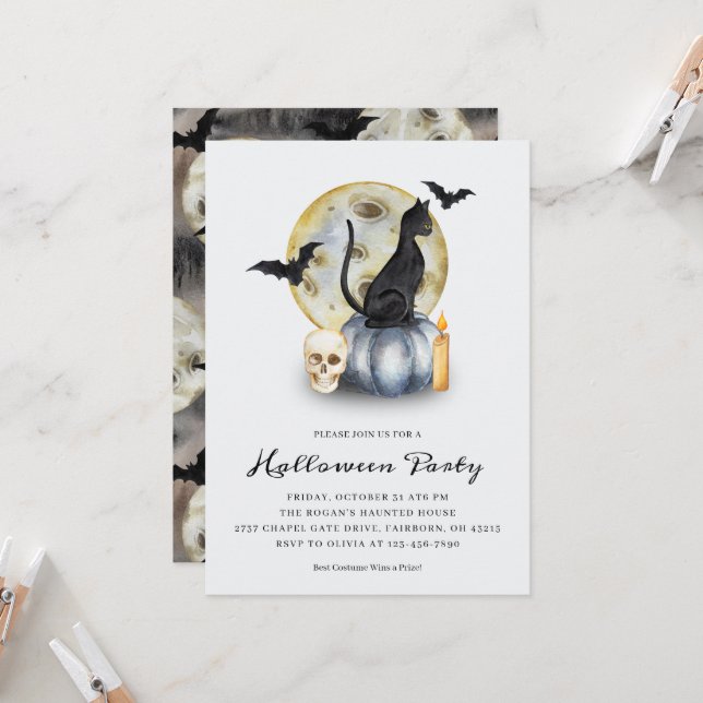 Invitation Éffrayant Halloween Citrouille de chat (Devant/Arrière en situation)