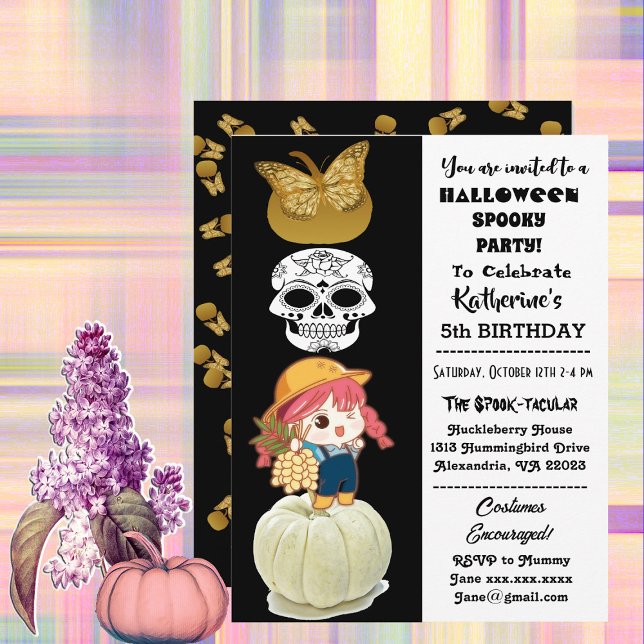 Invitation Éffrayant Halloween Fille Anniversaire Gold Citrou (Spooky Halloween Birthday Girl Gold Pumpkins Party Invitation)