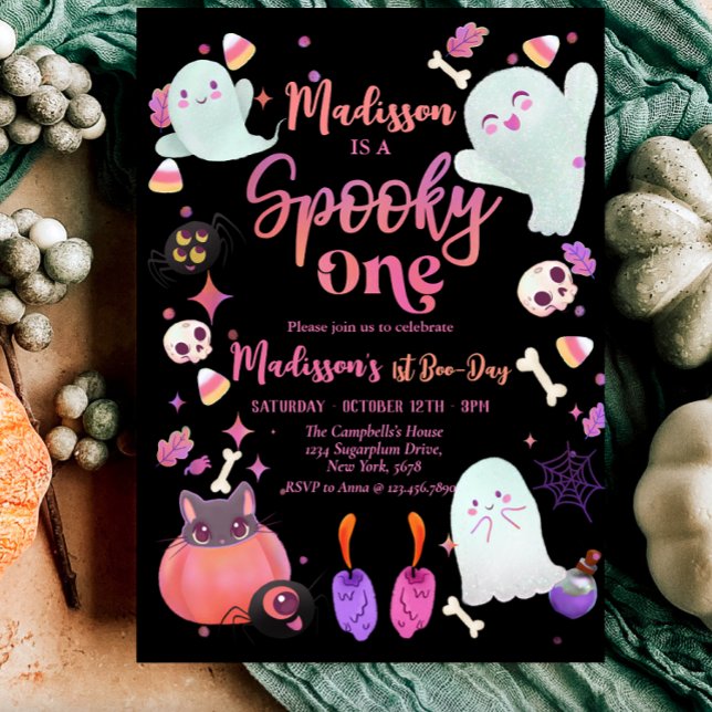 Invitation éffrayant noir Un Halloween Fantôme 1er anniversai (Cute Pink Ghost 1st Birthday Spooktacular)