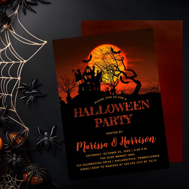 Invitation Éffrayant Orange Lune Haunted Maison Halloween Par (Spooky Orange Moon Haunted House Halloween Party Invitation)
