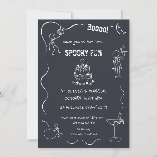 Invitation Éffrayant plaisir Skeleton Black Adult Halloween P (Devant)