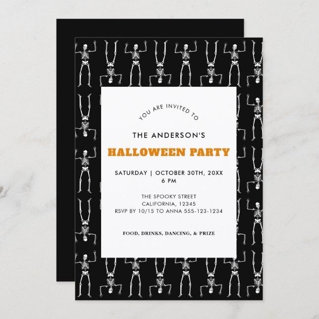 Invitation Éffrayant Skeleton Motif Black Halloween Party (Devant / Derrière)
