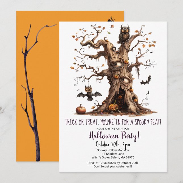 Invitation Éffrayant Tree Owl Bats Citrouille Halloween Party (Devant / Derrière)