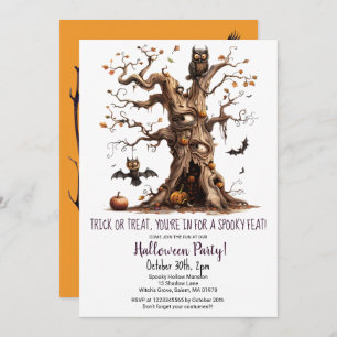 Invitation Éffrayant Tree Owl Bats Citrouille Halloween Party