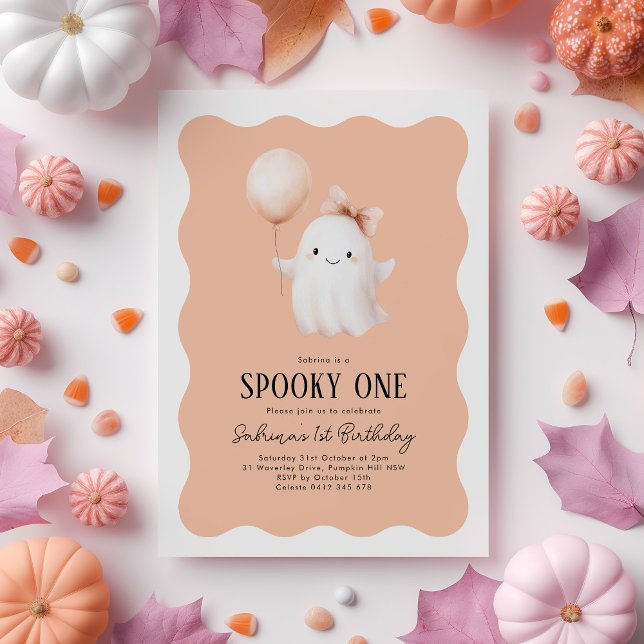 Invitation Éffrayant Un 1er Anniversaire Ghost Orange Balloon (Spooky One! Girls Halloween 1st Birthday invitation with ghost & orange balloon on wavy background)