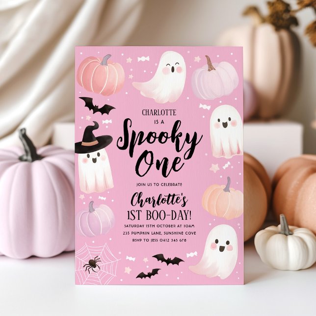 Invitation Éffrayant Un Halloween 1er Anniversaire Fille rose (Spooky One 1st Birthday | Featuring cute ghosts, pumpkins, bats, spiders)