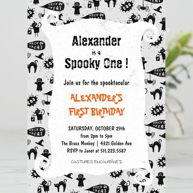Invitation Éffrayant un Spooktacular Halloween 1er anniversai (Halloween-1st-birthday-Invitation-Spooky-one-Spooktacular-boy-grey-1)