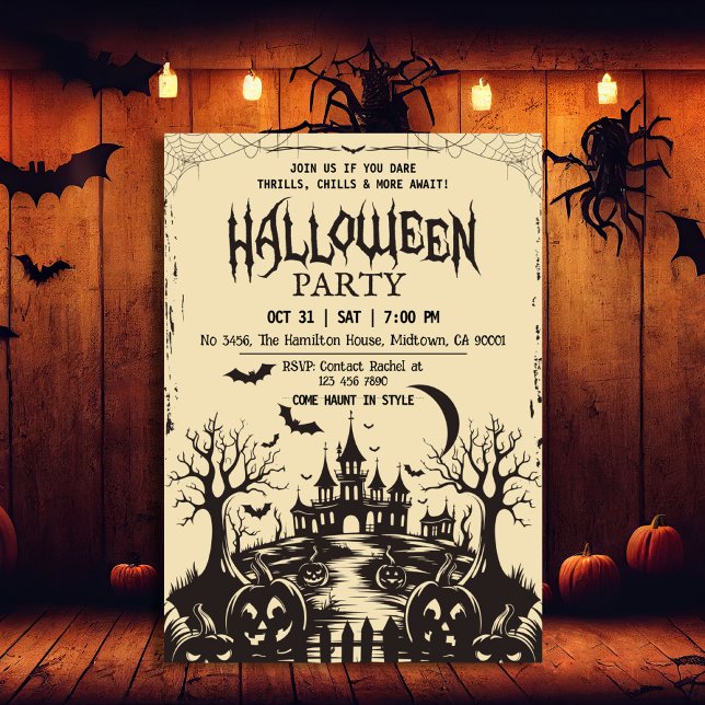 Invitation Éffrayant vintage lune hantée nuit noire Halloween (Créateur téléchargé)