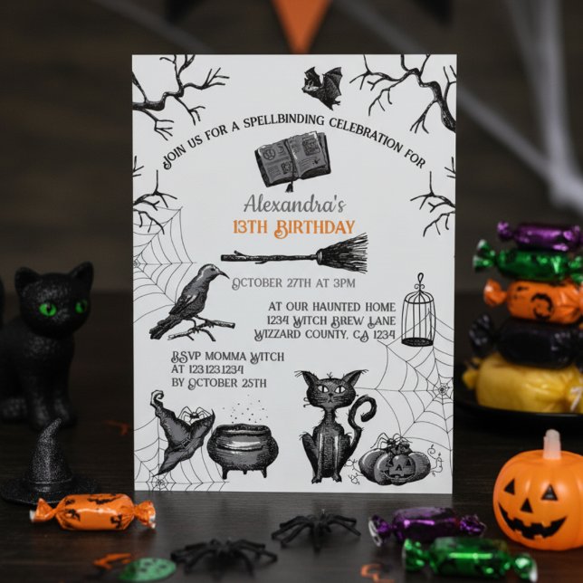 Invitation Éffrayante Eclosion Halloween fête d'anniversaire (Spooky Halloween Birthday Invitation in Orange and Black for Kids. Scary Pumpkin, Cat, Raven, Bats)