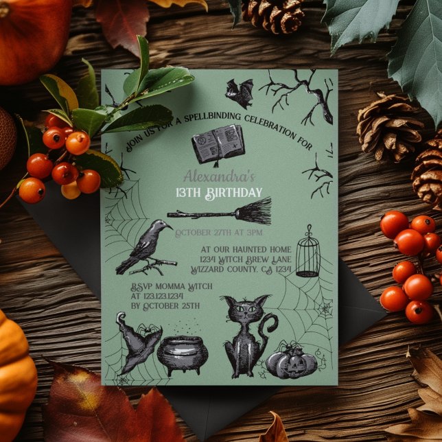 Invitation Éffrayante Eclosion Halloween fête d'anniversaire (Spooky Kids Halloween Party Invitation. Creepy Bats, Webs, Black Cat, Cauldron, Black Raven, Pumpkin)