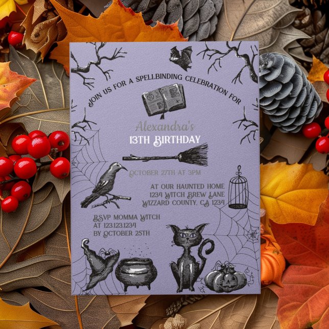 Invitation Éffrayante Eclosion Halloween fête d'anniversaire (Spooky Kids Halloween Party Invitation. Creepy Bats, Webs, Black Cat, Cauldron, Black Raven, Pumpkin)