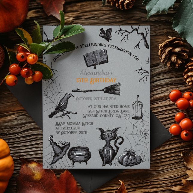Invitation Éffrayante Eclosion Halloween fête d'anniversaire (Spooky Kids Halloween Party Invitation. Creepy Bats, Webs, Black Cat, Cauldron, Black Raven, Pumpkin)