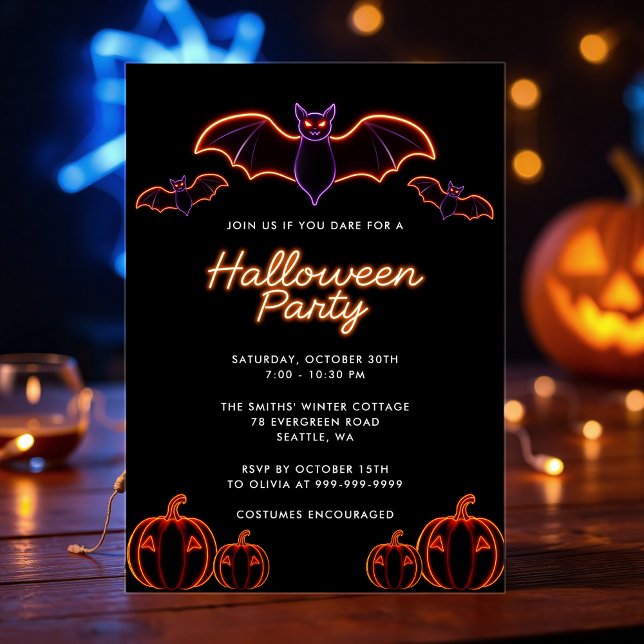 Invitation Éffrayante Neon Bat Citrouille Halloween (Créateur téléchargé)