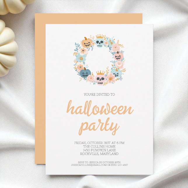 Invitation Éffrayante Orange Crâne Florale Wreath Halloween P (Spooky Orange Skull Floral Wreath Halloween Party Invitation)