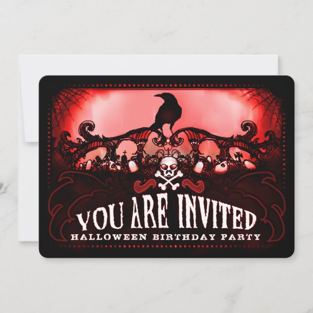 Invitation Éffrayante Red & Black Raven Halloween fête d'anni (Devant)
