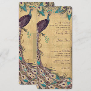 Invitation Eggplant Aqua et Gold Peacock Vintage 3 plumes