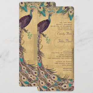 Invitation Eggplant Aqua et Gold Peacock Vintage 3 plumes
