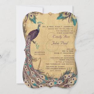 Invitation Eggplant Aqua Peacock Vintage 3 Plumes