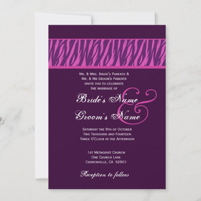 Invitation Eggplant Purple et Fuchsia Zebra Mariage Modèle (Devant)