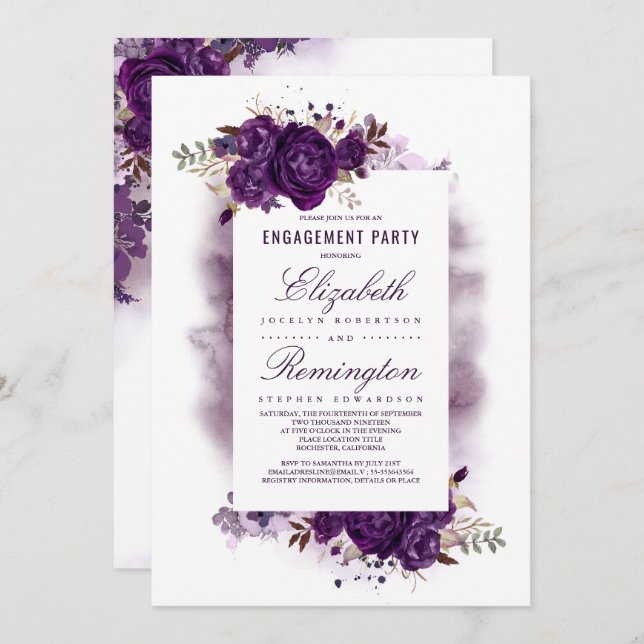 Invitation Eggplant Purple Floral Aquarelle Partie d'engageme (Devant / Derrière)