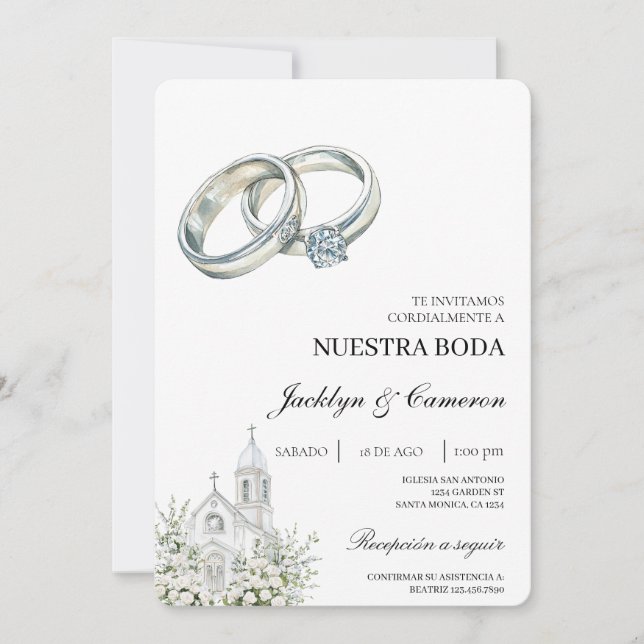 Invitation Église blanche avec anneau Mariage espagnol (Devant)