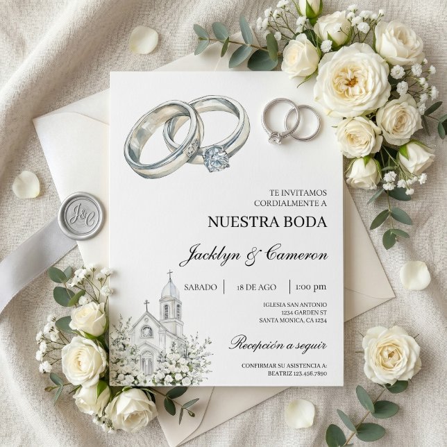 Invitation Église blanche avec anneau Mariage espagnol (Créateur téléchargé)