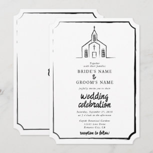 Invitation Église dessinée à la main Mariage traditionnel et