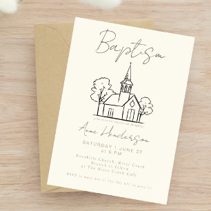 Invitation Église Élégante Baptême Neutre Beige Christening