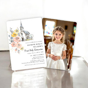 Invitation Église florale aquarelle Première Sainte Communion
