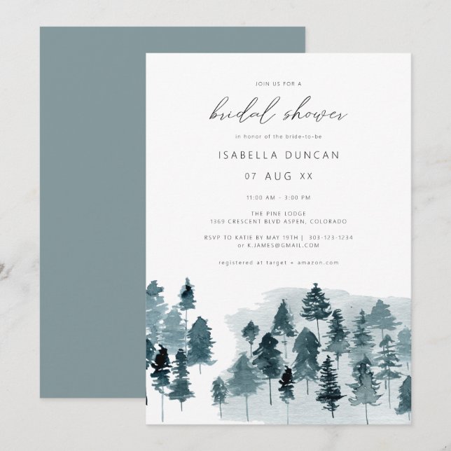 Invitation EGRET Rustique Bleu Hiver Pin Bridal Shower (Devant / Derrière)
