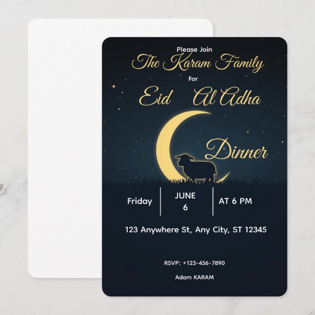 Invitation Eid  Al Adha Mubarak  Elegant Dinner  (Devant / Derrière)