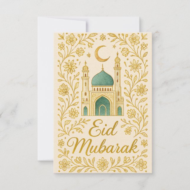 Invitation Eid Moubarak - Fleurs de mosquée blanches et dorée (Devant)