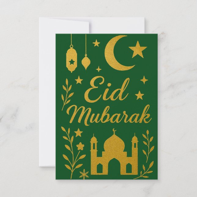 Invitation Eid Moubarak - Fleurs de mosquée vertes et dorées (Devant)