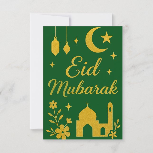 Invitation Eid Moubarak - Fleurs de mosquée vertes et dorées (Devant)