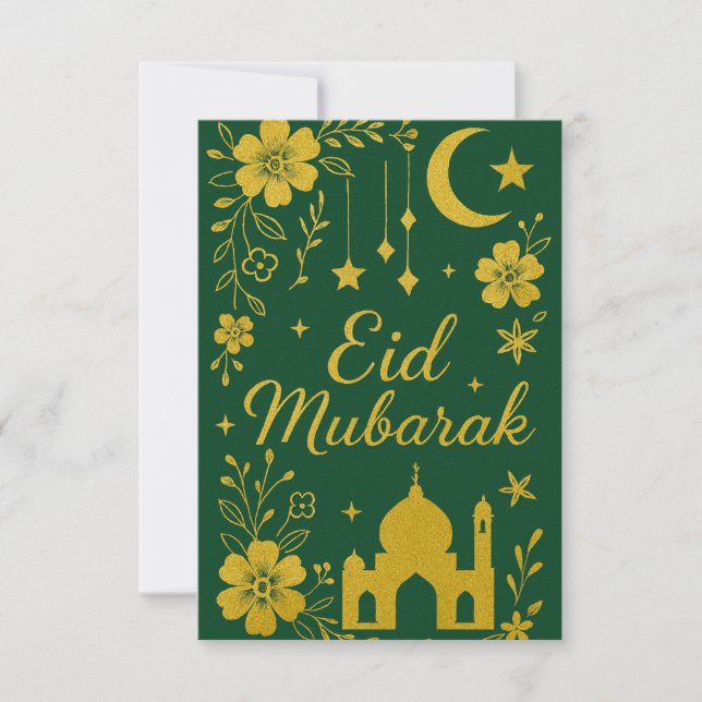 Invitation Eid Moubarak - Fleurs de mosquée vertes et dorées (Devant)