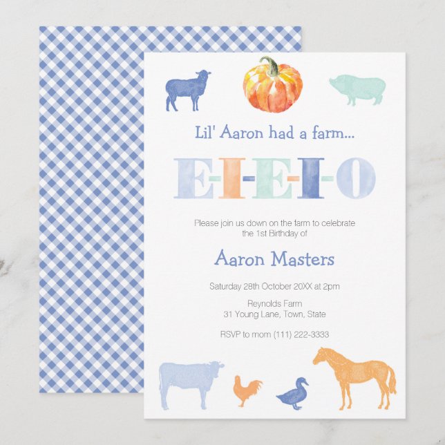 Invitation EIEIEIO Vieux MacDonald Citrouille fête d'annivers (Devant / Derrière)