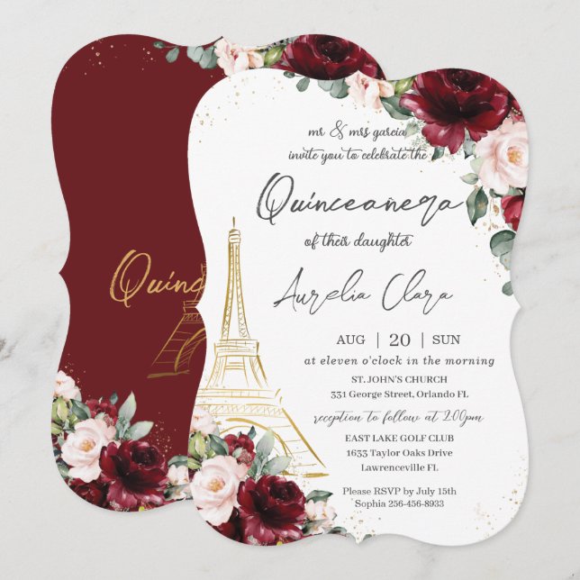 Invitation Eiffel Paris Quinceañera Bourgogne Blush Floral (Devant / Derrière)