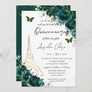 Invitation Eiffel Paris Quinceañera Emerald Green Floral