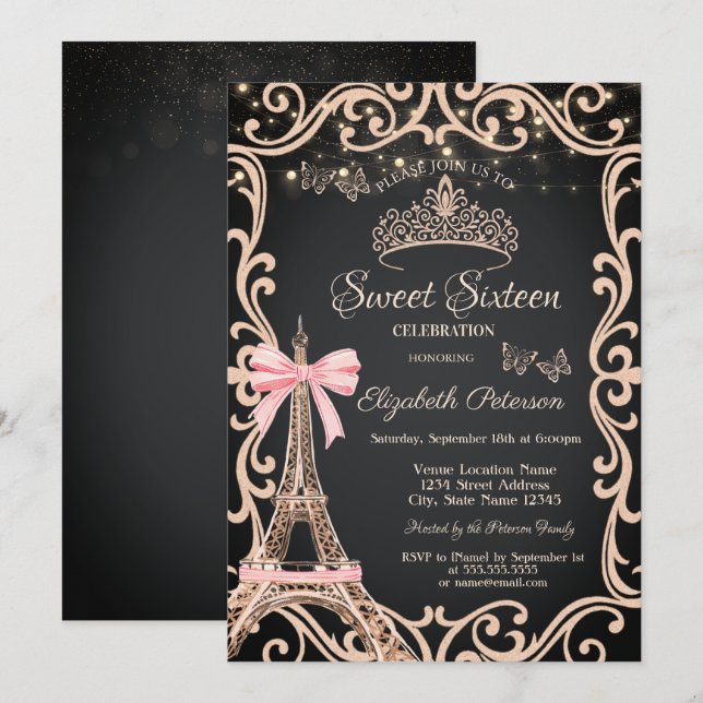 Invitation Eiffel Tower Bow Frame Dress Butterfly Sweet 16 (Devant / Derrière)