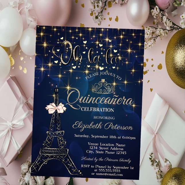 Invitation Eiffel Tower,Bow Tiara,Stars Navy Blue Quinceañera (Créateur téléchargé)