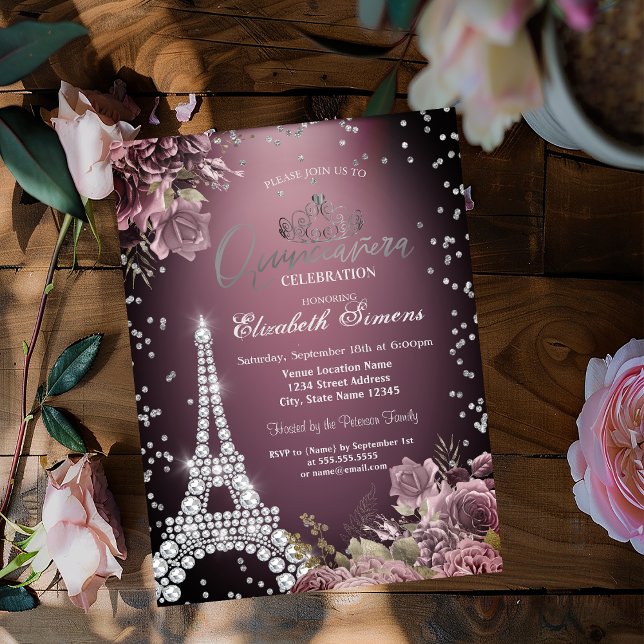 Invitation Eiffel Tower Diamonds Dark Roses Burgundy (Créateur téléchargé)