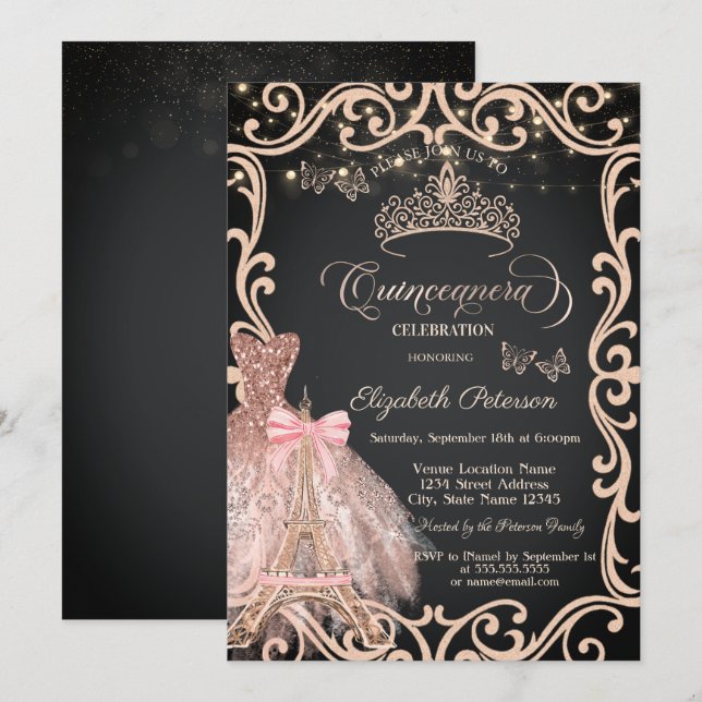 Invitation Eiffel Tower Frame Dress Glitter Butterfly  (Devant / Derrière)