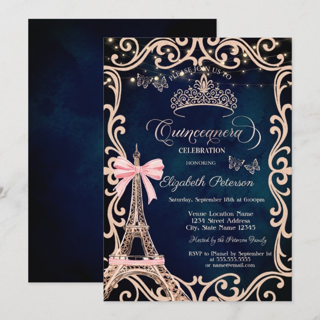 Invitation Eiffel Tower Frame Glitter Butterfly Blue  (Devant / Derrière)