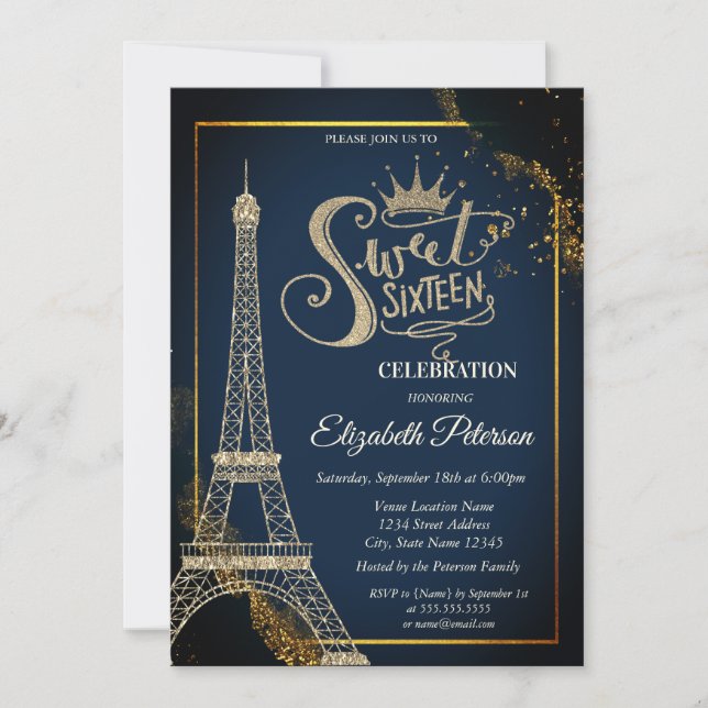 Invitation Eiffel Tower Navy Gold Blue Sweet 16 (Devant)