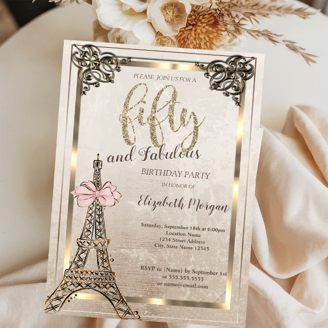Invitation Eiffel Tower,Pink Bow Border 50th Birthday Party  (Créateur téléchargé)