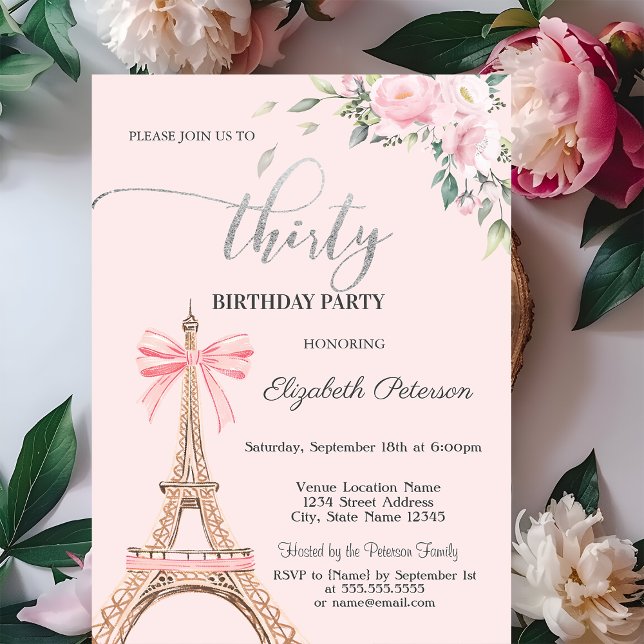 Invitation Eiffel Tower Pink Bow Flowers 30th Birthday (Créateur téléchargé)