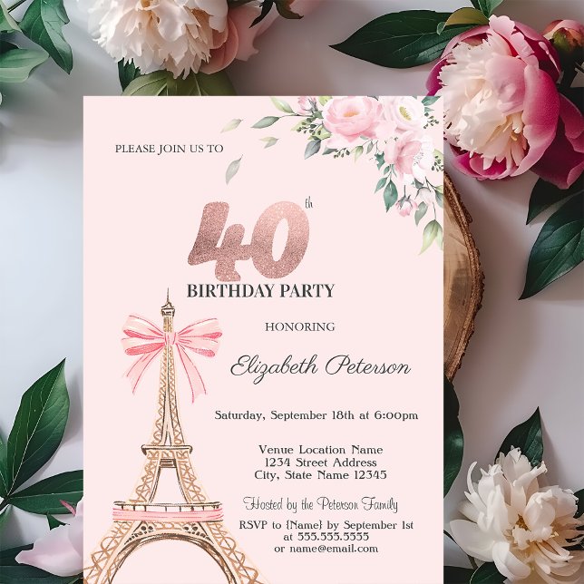 Invitation Eiffel Tower Pink Bow Flowers 40th Birthday (Créateur téléchargé)