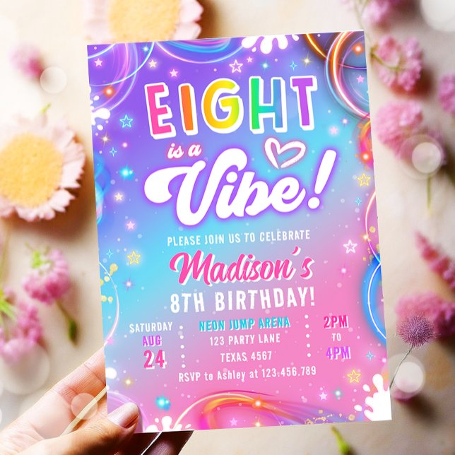 Invitation Eight is a Vibe Retro Groovy Neon Girl Birthday (Créateur téléchargé)