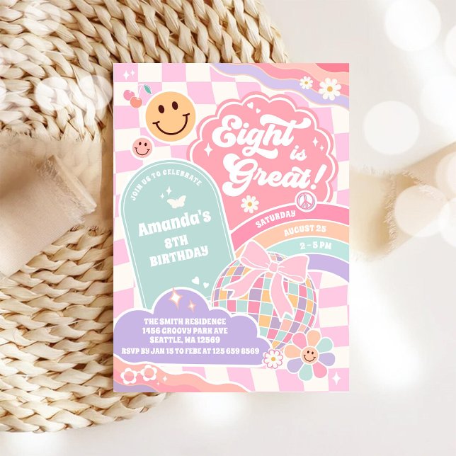 Invitation Eight Is Great Cloud Rainbow Disco 8th Birthday (Créateur téléchargé)