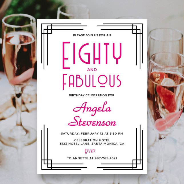 Invitation Eighty and Fabulous Pink Art Deco 80th Birthday (Eighty and Fabulous Photo Pink Art Deco 50th Birthday Invitation with art deco corners, her name.)